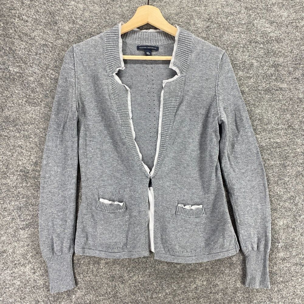 Banana Republic Cardigan Women Gray S Small One Button Knit Ruffle Wool Pockets